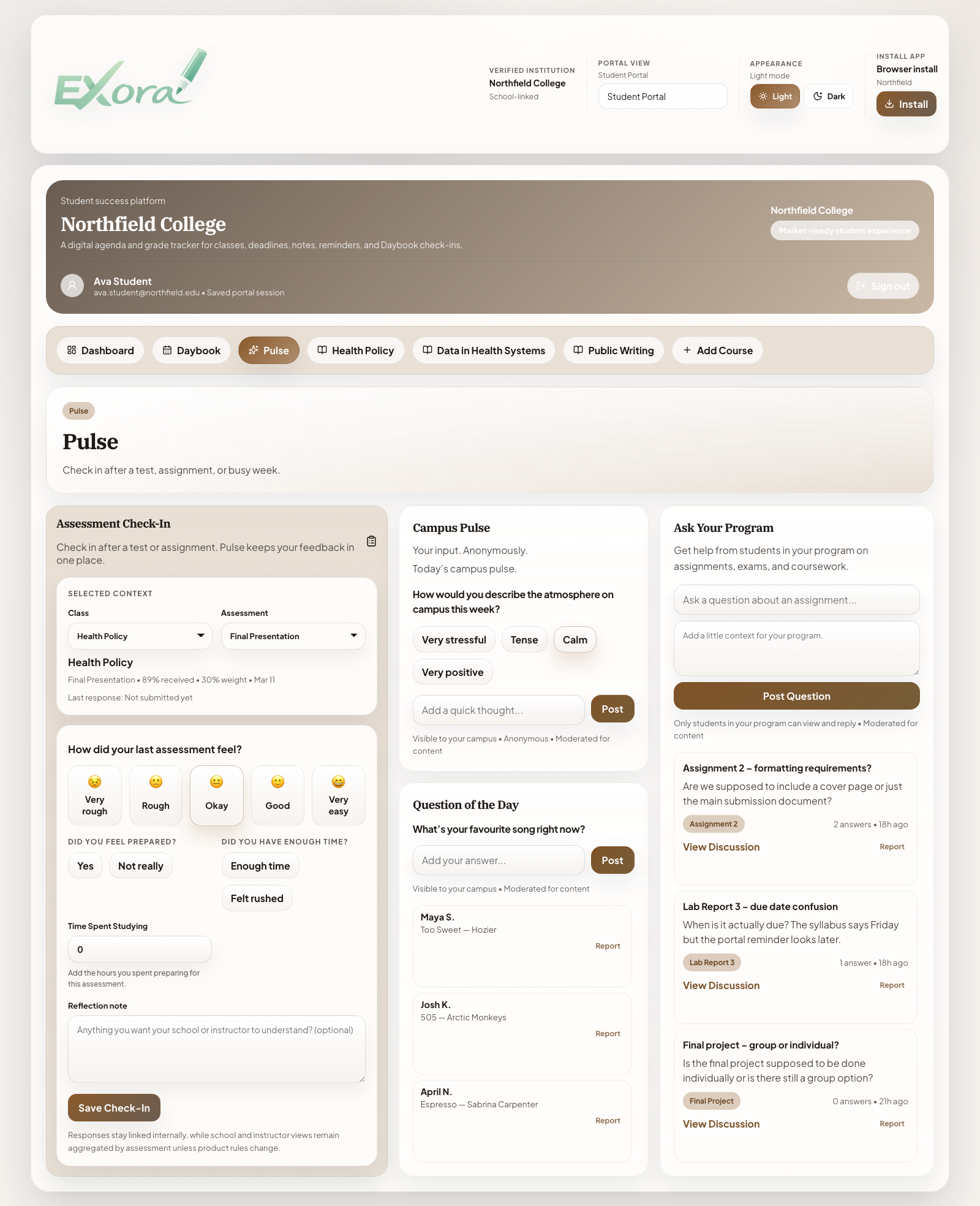 Close-up of Exora Pulse check-in details