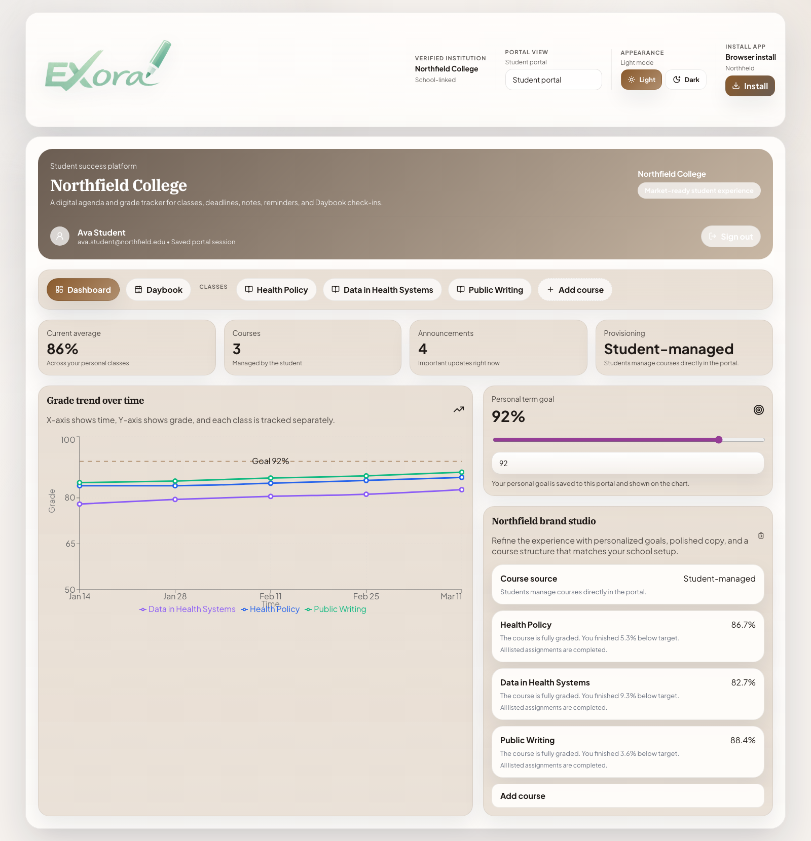 Exora student dashboard